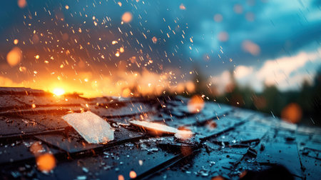 A captivating scene showcasing vibrant colors of a sunset illuminating raindrops on a sleek roof, highlighting the beauty of nature's elements.の素材