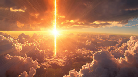 This breathtaking image captures a vibrant sunrise breaking through clouds, radiating warm light and creating a serene atmosphere perfect for nature lovers.の素材