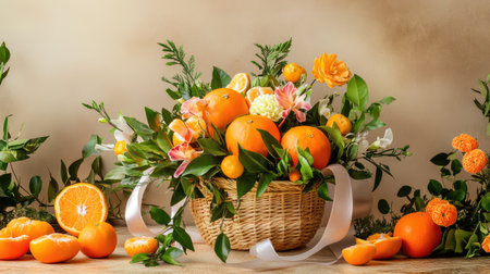 A stunning arrangement of fresh oranges and vibrant flowers in a woven basket creates a cheerful and inviting centerpiece, ideal for any occasion.の素材