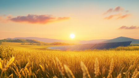 A stunning sunrise casts golden light over a serene wheat field, highlighting solar panels that symbolize renewable energy and sustainable farming practices.の素材