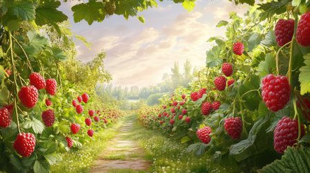 A serene raspberry field showcases vibrant red berries nestled among lush green foliage, inviting viewers to explore the picturesque landscape.の素材