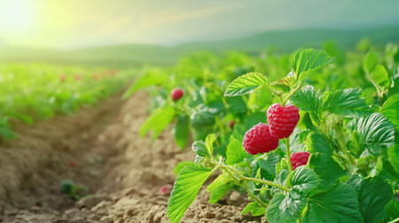 A vibrant close-up of fresh red raspberries growing in a lush green field, capturing the essence of nature, agriculture, and summertime growth.の素材