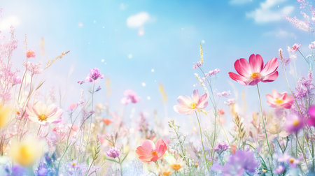 This enchanting image captures a vibrant flower meadow filled with various blossoms against a bright blue sky, creating a serene and joyful atmosphere.の素材