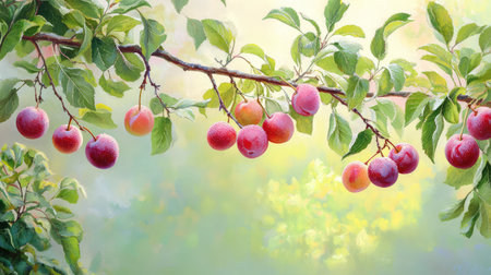 A stunning display of ripe plums hanging gracefully from a leafy branch, illuminated by soft sunlight, evoking the fresh essence of nature and harvest.の素材