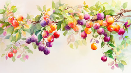 This stunning watercolor artwork features a branch laden with ripe plums and peaches, surrounded by lush green leaves, perfect for adding freshness and vibrancy to any space.の素材