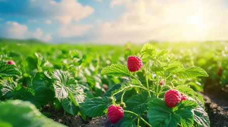 A vibrant scene featuring fresh raspberries growing in a sunlit field, surrounded by lush green foliage. The beautiful landscape captures the essence of nature's bounty.の素材