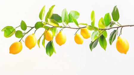 A stunning depiction of fresh lemons hanging on a branch surrounded by vibrant green leaves, highlighting the beauty of nature and freshness in food.の素材