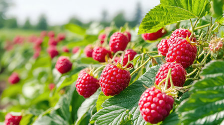 A vibrant display of fresh red raspberries growing on lush green bushes under the bright sunlight, ideal for showcasing agricultural bounty.の素材