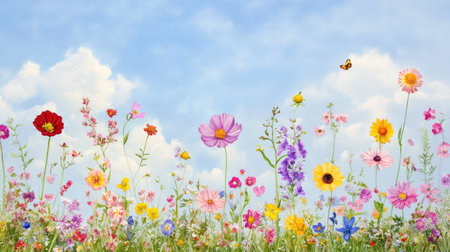 A stunning scene of a colorful meadow filled with various wildflowers under a bright blue sky. Soft clouds float above, enhancing the serene, natural beauty of this vibrant landscape, inviting tranquility and warmth.の素材