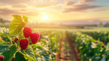 A beautiful sunlit scene of a raspberry field showcases ripe berries hanging on lush green leaves. The warm sunset creates a serene atmosphere in nature.の素材