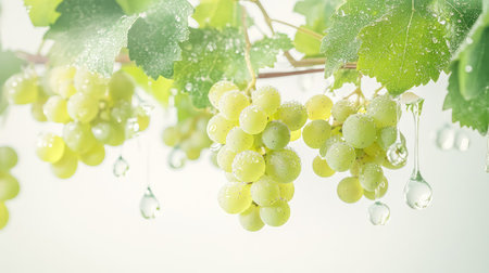This image showcases fresh green grapes hanging from a vine, adorned with water droplets, creating a refreshing and vibrant natural scene.の素材