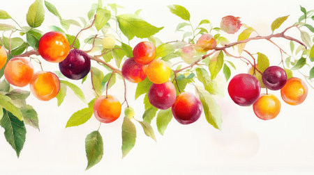 This vibrant watercolor illustration captures a cluster of colorful plums hanging elegantly on a branch surrounded by lush green leaves, symbolizing natureの素材