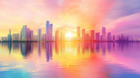 A breathtaking view of a vibrant sunset casting colorful hues over a modern city skyline, reflected beautifully in the calm waters of the river below.の素材