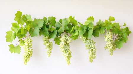 A beautiful display of fresh green grapes hanging in clusters from a vine, surrounded by vibrant green leaves, perfect for nature or food themes.の素材