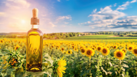 A captivating scene featuring a brown glass bottle of sunflower oil amidst a vibrant sunflower field. The image captures the essence of nature's bounty, with a bright blue sky and warm sunset creating a picturesque rural atmosphere. Ideal for wellness and organic themes.の素材