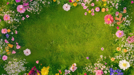 A vibrant flower garden filled with an array of colorful blooms encircles a lush green lawn space, perfect for seasonal designs or nature-related projects.の素材