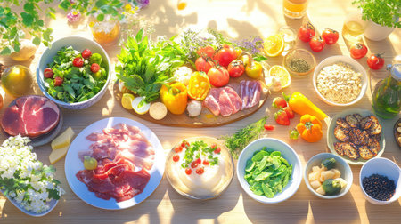A vibrant display of fresh ingredients including vegetables and meats set on a wooden table, illuminated by natural light, perfect for cooking enthusiasts.の素材