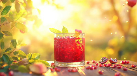 A vibrant glass of pomegranate drink rests on a wooden table, adorned with fresh leaves and illuminated by warm sunlight, evoking a refreshing summer vibe.の素材