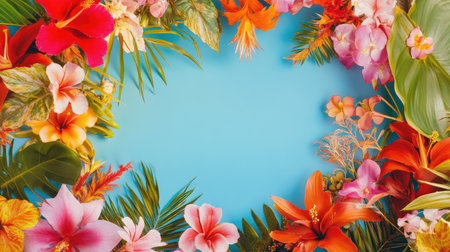 A stunning arrangement of vibrant tropical flowers set against a bright blue background, perfect for summer events, nature-themed designs, and cheerful celebrations.の素材