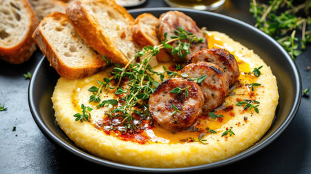 Savor the rich flavors of creamy polenta topped with perfectly grilled sausages and fresh thyme, served alongside slices of rustic bread, ideal for any meal.の素材