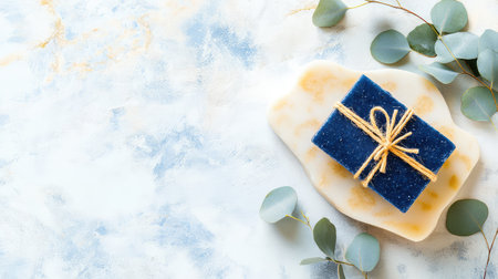 This image features a beautifully crafted blue soap tied with rustic twine, complemented by delicate eucalyptus leaves on a marble surface, ideal for wellness and gifting.の素材