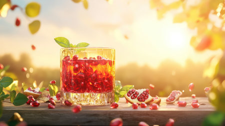 A vibrant glass filled with chilled pomegranate juice, surrounded by fresh pomegranate seeds and leaves, beautifully illuminated by the warm sunset.の素材