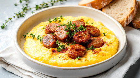 This mouthwatering dish features creamy polenta topped with savory sausages and fresh thyme, ideal for a comforting meal any time of the day.の素材