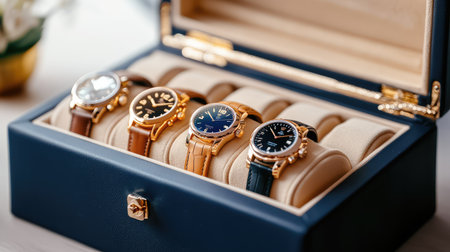 This image showcases a luxurious collection of classic watches elegantly displayed in a jewelry box, perfect for collectors and fashion enthusiasts.の素材