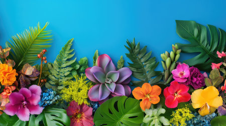 A stunning display of vibrant flowers and lush leaves set against a bright blue background, perfect for seasonal themes, decoration, or artistic projects.の素材