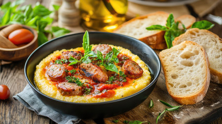 A delightful dish featuring savory Italian sausage atop creamy polenta, garnished with fresh herbs and accompanied by rustic bread, perfect for any meal.の素材