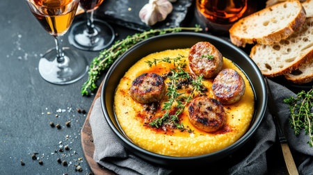 A delightful presentation of creamy polenta topped with flavorful meatballs and fresh herbs, paired with wine and artisanal bread. Perfect for culinary enthusiasts.の素材