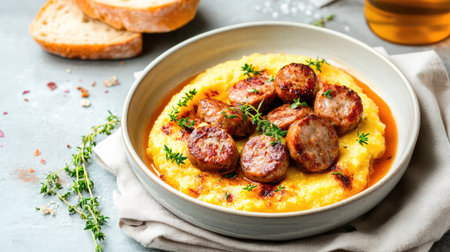 A visually appealing plate featuring creamy polenta topped with grilled sausages and garnished with fresh herbs, perfect for any meal occasion.の素材