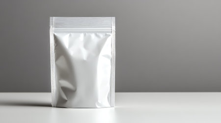 A minimalistic packaging design featuring a sleek, white pouch set against a neutral background, ideal for showcasing various products.の素材
