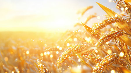 A breathtaking view of a wheat field at sunrise, showcasing golden grains illuminated by soft sunlight and sparkling effects, creating a serene atmosphere.の素材