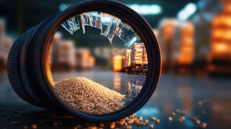 A striking composition showcasing grains scattered from a broken camera lens, set against a blurred warehouse background. The interplay of light and shadow creates a captivating visual that merges elements of photography and food.の素材