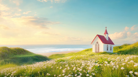 A charming chapel nestled in a vibrant green landscape, accentuated by blooming flowers and a stunning sky, captures the essence of peaceful coastal serenity.の素材