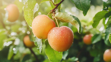 Two ripe apricots glisten with dew drops on a green branch, set against a backdrop of bright leaves, capturing the essence of summer harvest freshness.の素材