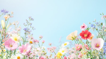 Experience the beauty of a vibrant field filled with colorful flowers contrasting against a clear blue sky, perfect for evoking feelings of spring and summer.の素材