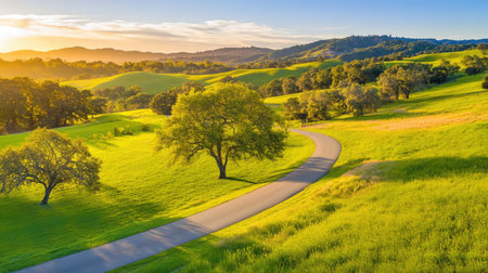 This stunning landscape captures the serene beauty of a curved road winding through vibrant green hills under a golden sunset. Perfect for nature lovers.の素材