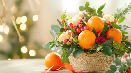 A stunning floral arrangement featuring fresh oranges and a variety of flowers in a woven basket, set against a softly blurred background. Perfect for brightening up any space.の素材