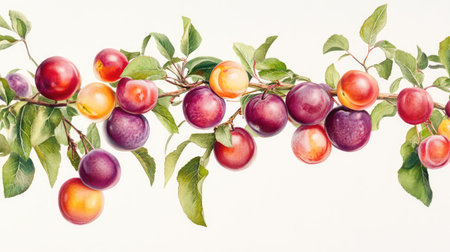 This detailed watercolor illustration features a branch of plump, ripe fruits showcasing vibrant hues of purple, red, and yellow against lush green leaves, perfect for food lovers.の素材