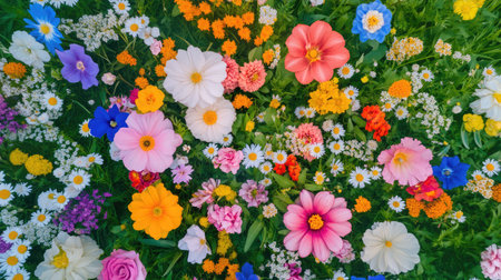 A stunning overhead view of a vibrant flower field showcasing a mix of colorful blooms under the bright sunlight, evoking feelings of joy and serenity.の素材