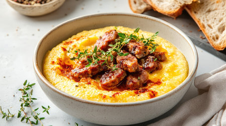A rustic bowl of creamy polenta topped with savory sausage pieces and fresh thyme, served with slices of bread and spices for a delightful dining experience.の素材