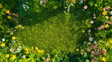 A stunning overhead view of lush green grass surrounded by a vibrant array of colorful flowers creates a serene and cheerful garden scene.の素材