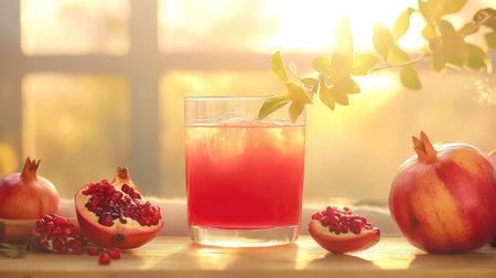 A vibrant glass of refreshing pomegranate juice sits on a wooden table, surrounded by fresh pomegranates in natural light, exuding warmth and healthy vibes.の素材