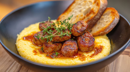 A delectable dish featuring savory sausage bites on a bed of creamy polenta, garnished with fresh herbs, served with toasted bread for a comforting meal.の素材