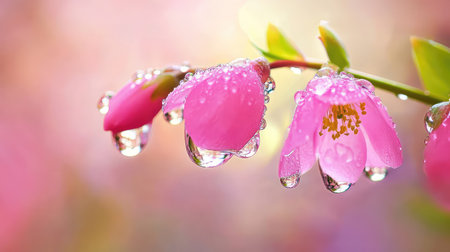 A close-up view of pink flower petals adorned with sparkling dewdrops captures the essence of natural beauty, perfect for spring or summer themes.の素材
