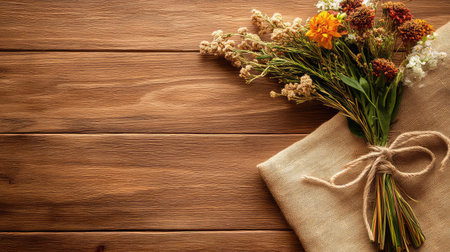 A stunning bouquet of dried flowers resting on a rustic wooden surface, complemented by natural linen fabric, creating a warm and inviting atmosphere.の素材