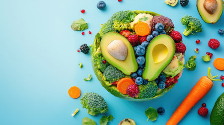 A vibrant and fresh salad featuring sliced avocado, assorted berries, and colorful vegetables arranged beautifully on a blue background. Perfect for healthy living.の素材