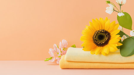 A vibrant sunflower accompanied by soft yellow textiles and delicate blooms, creating a cheerful and inviting atmosphere perfect for spring decor.の素材